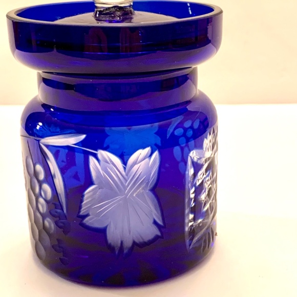 Vintage 1950s Cobalt Blue Crystal Cut Honey/Jam Jar and Lid - Picture 3 of 11